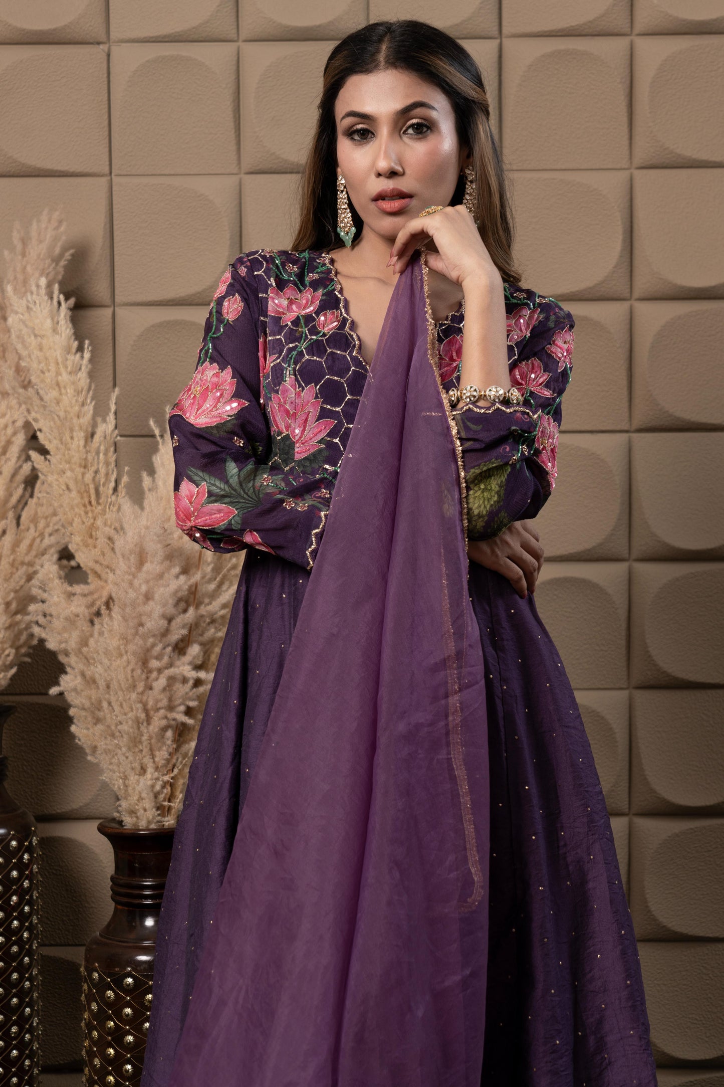 Plum Printed Anarkali With Hand Embroidery