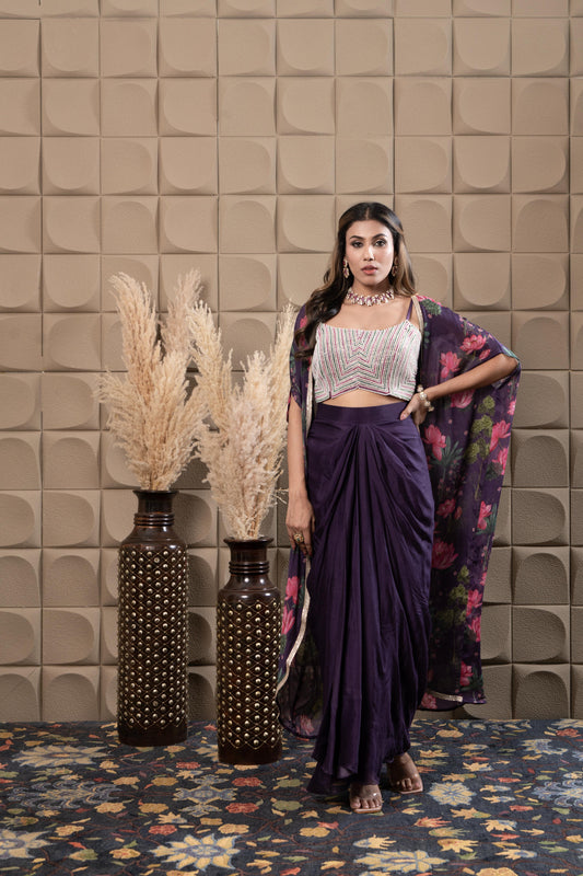 Plum Drape Skirt With Embroidered Bustier & Cape
