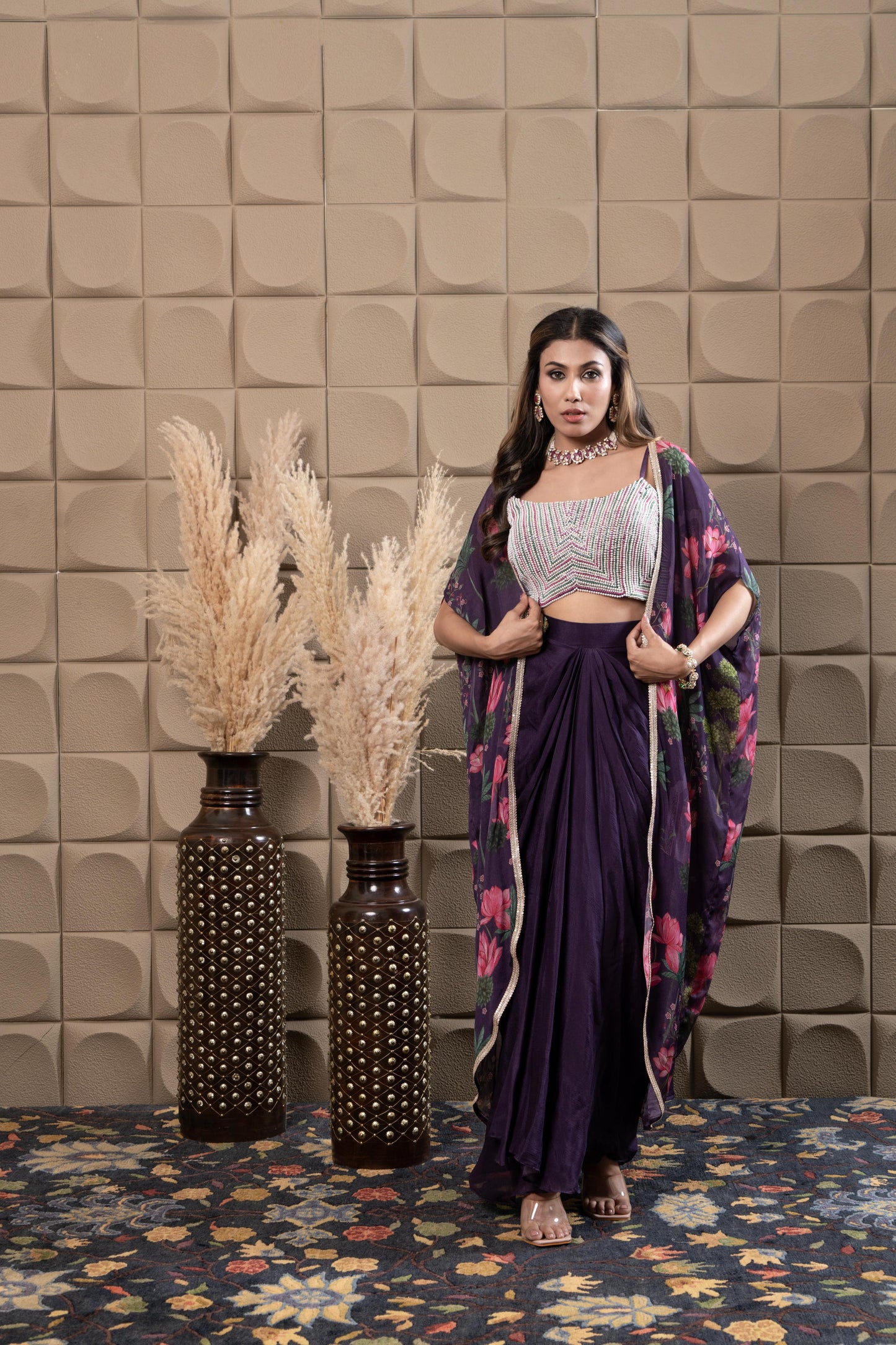 Plum Drape Skirt With Embroidered Bustier & Cape