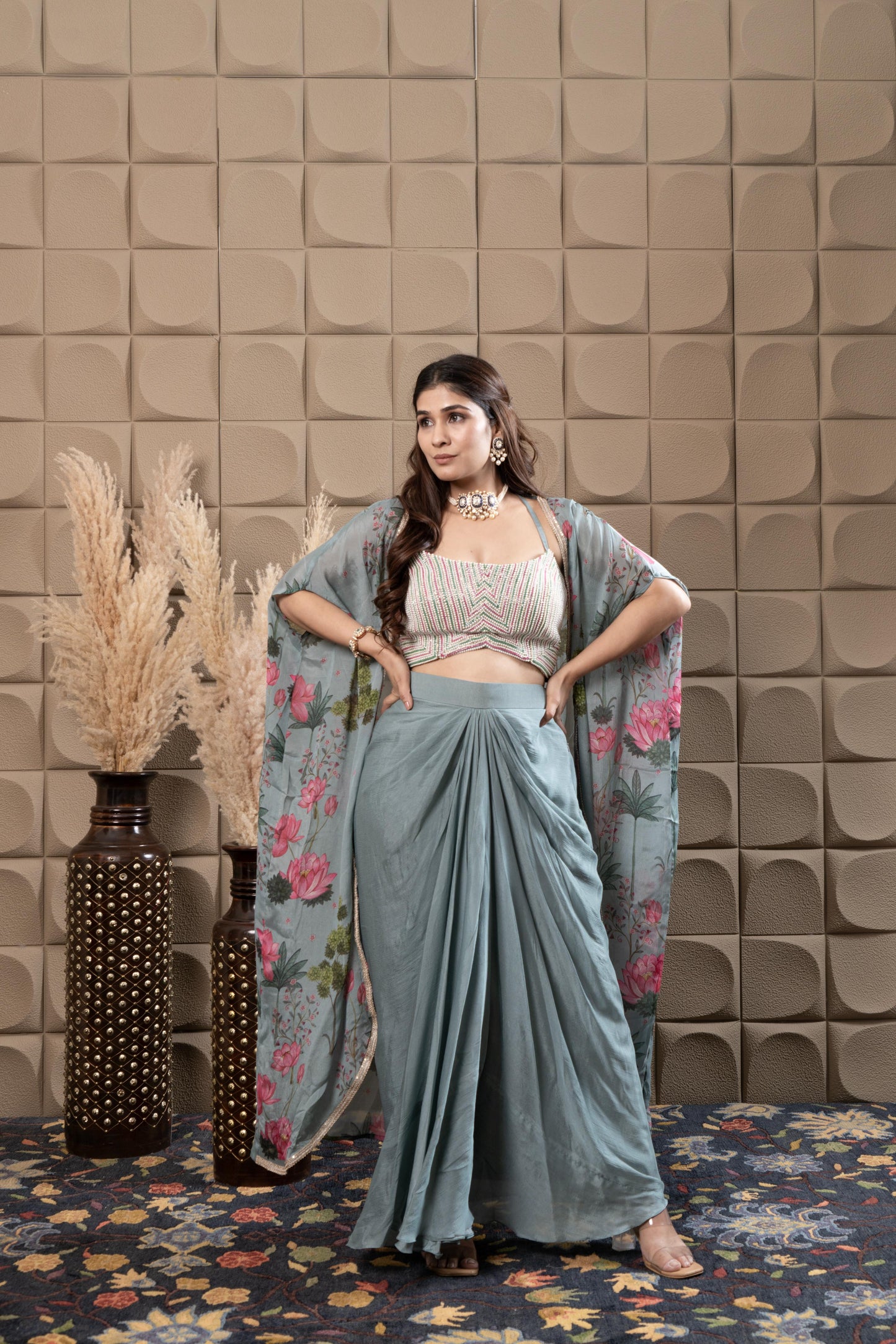 Mint Drape Skirt With Embroidered Bustier & Cape