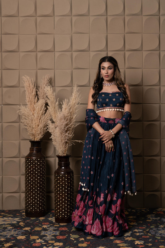 Sapphire Embroidered Bustier With Pleated Lehenga