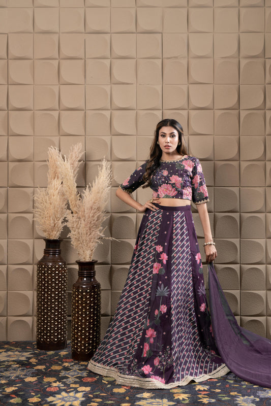 Plum Hand Embroidered Kalidar Lehenga