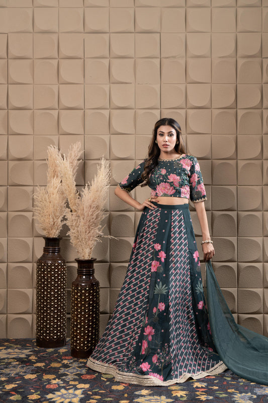 Moss Embroidered Blouse With Kalidar Lehenga