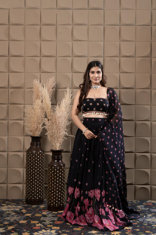 Midnight Embroidered Bustier With Pleated Lehenga