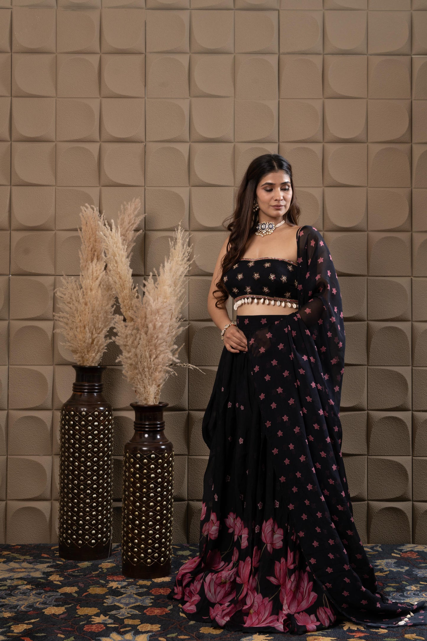Midnight Embroidered Bustier With Pleated Lehenga