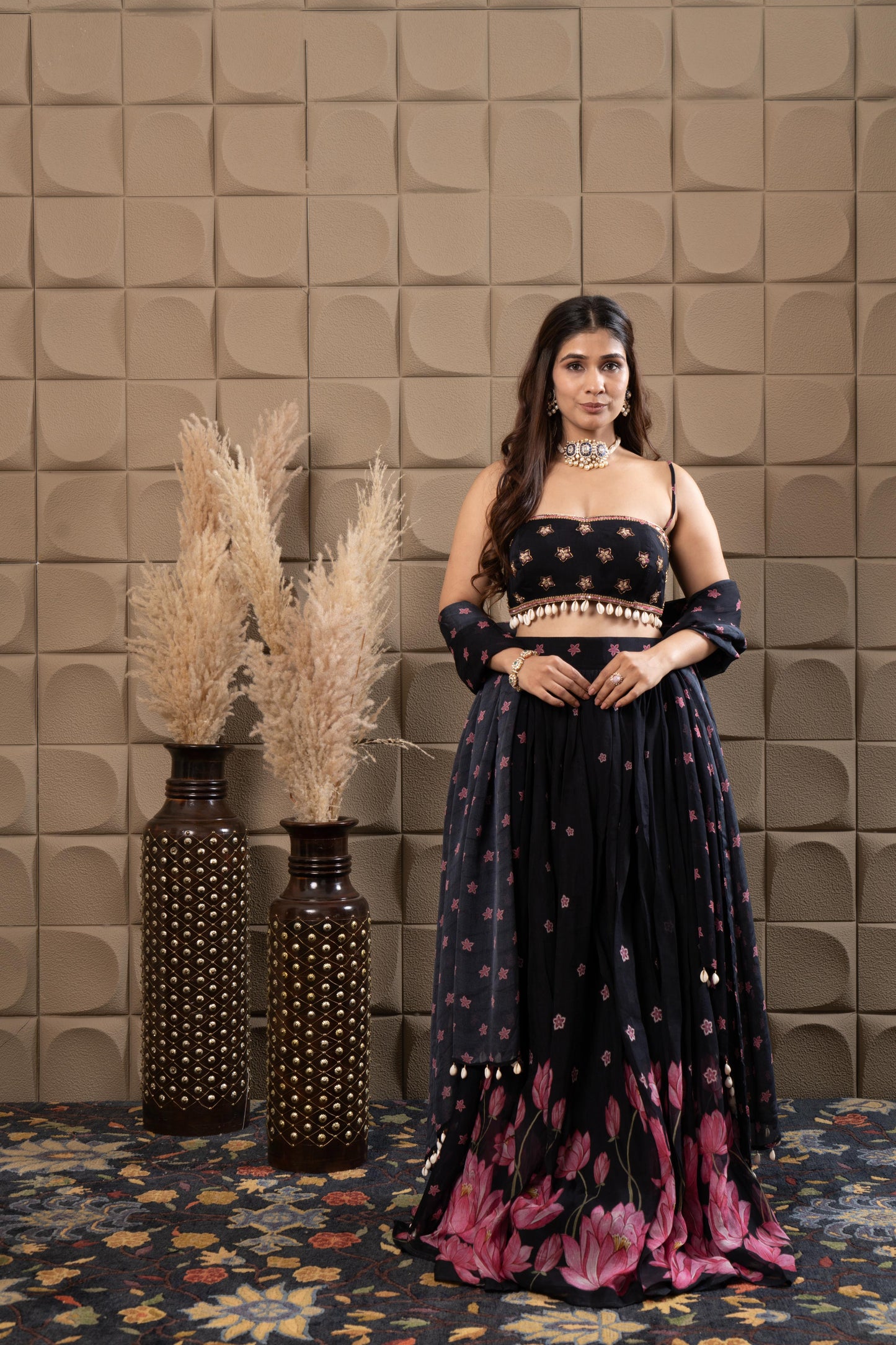 Midnight Embroidered Bustier With Pleated Lehenga