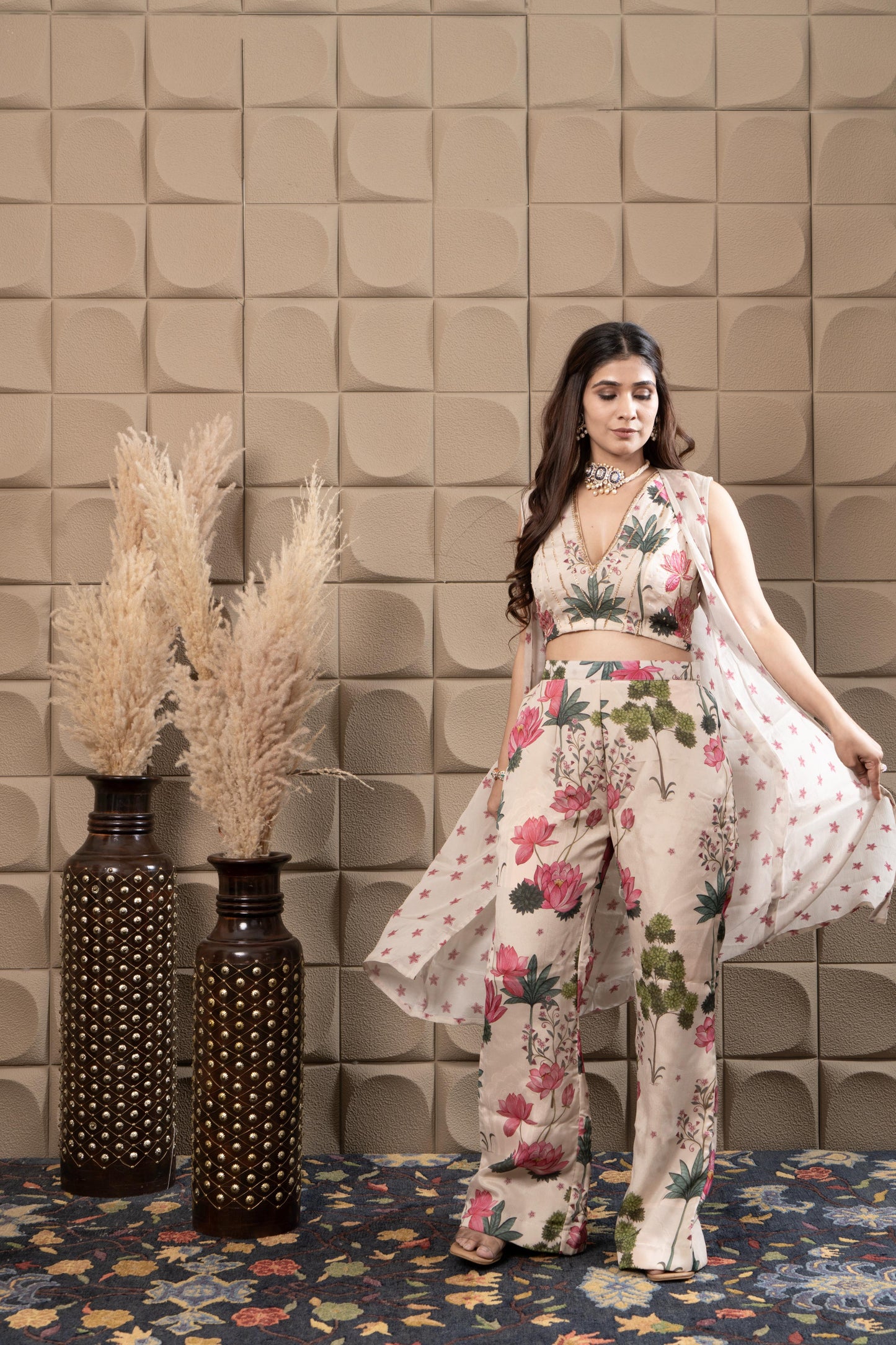Misty Embroidered Top With Flared Pants & Cape