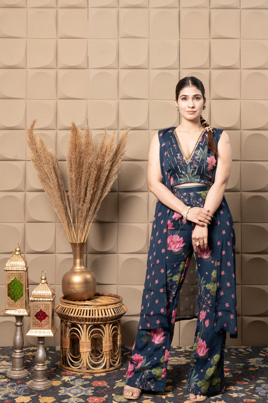 Sapphire Embroidered Top With Flared Pants & Cape