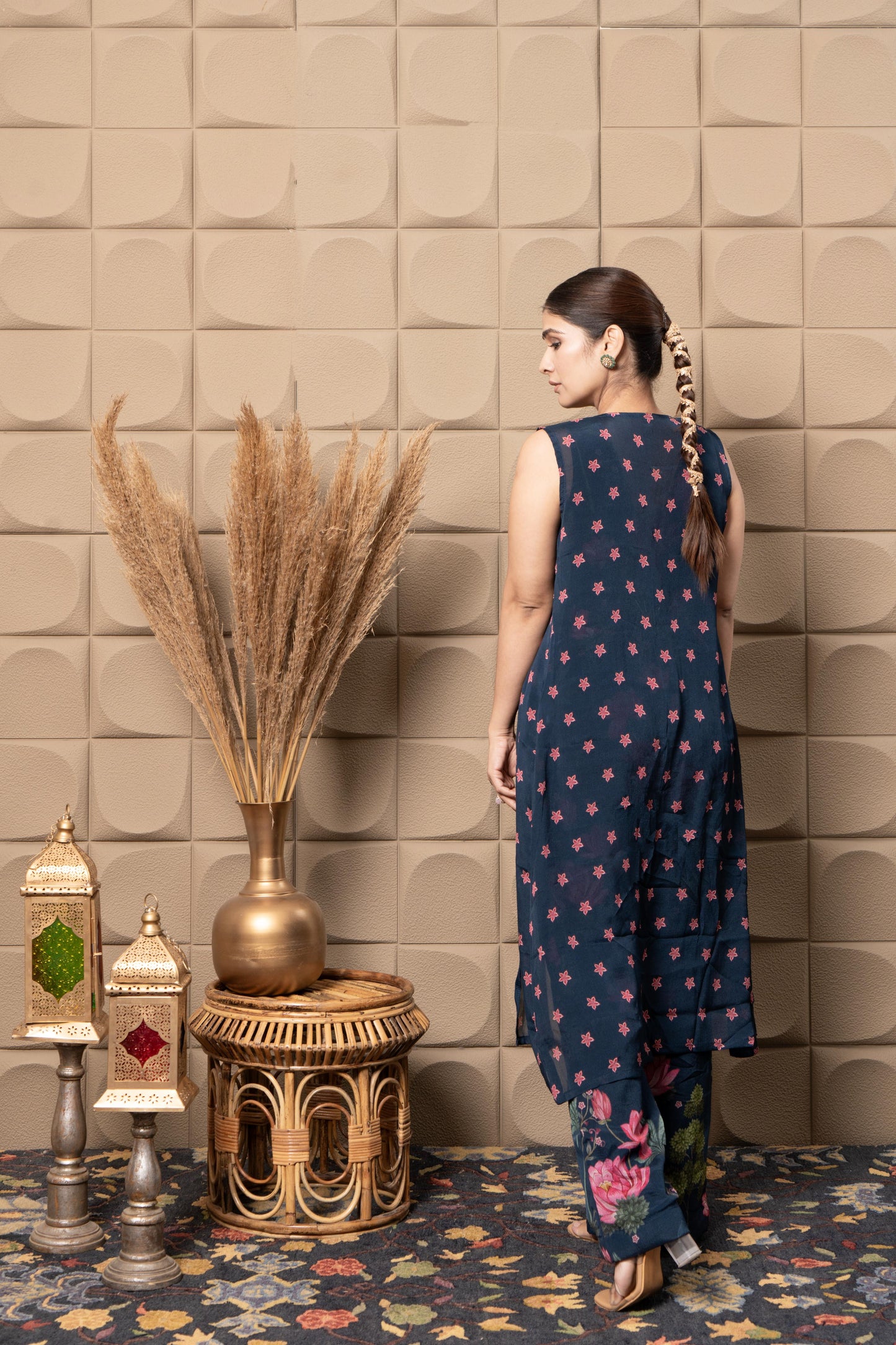Sapphire Embroidered Top With Flared Pants & Cape