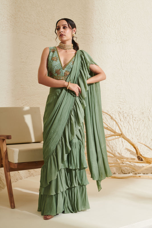 Aaria Sage  Ruffle Saree