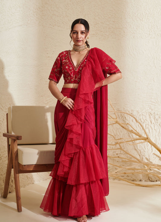 Layla Magenta Organza Ruffle  Saree