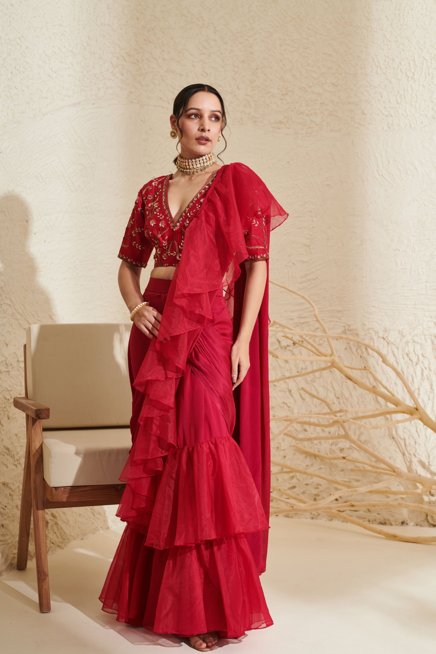 Layla Magenta Organza Ruffle  Saree