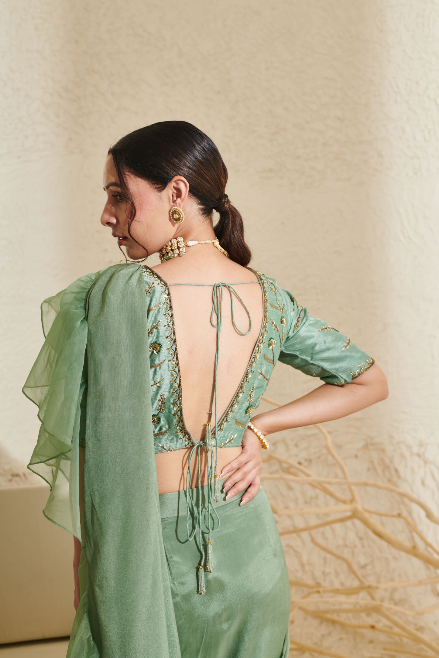 Layla Sage Organza Ruffle Saree