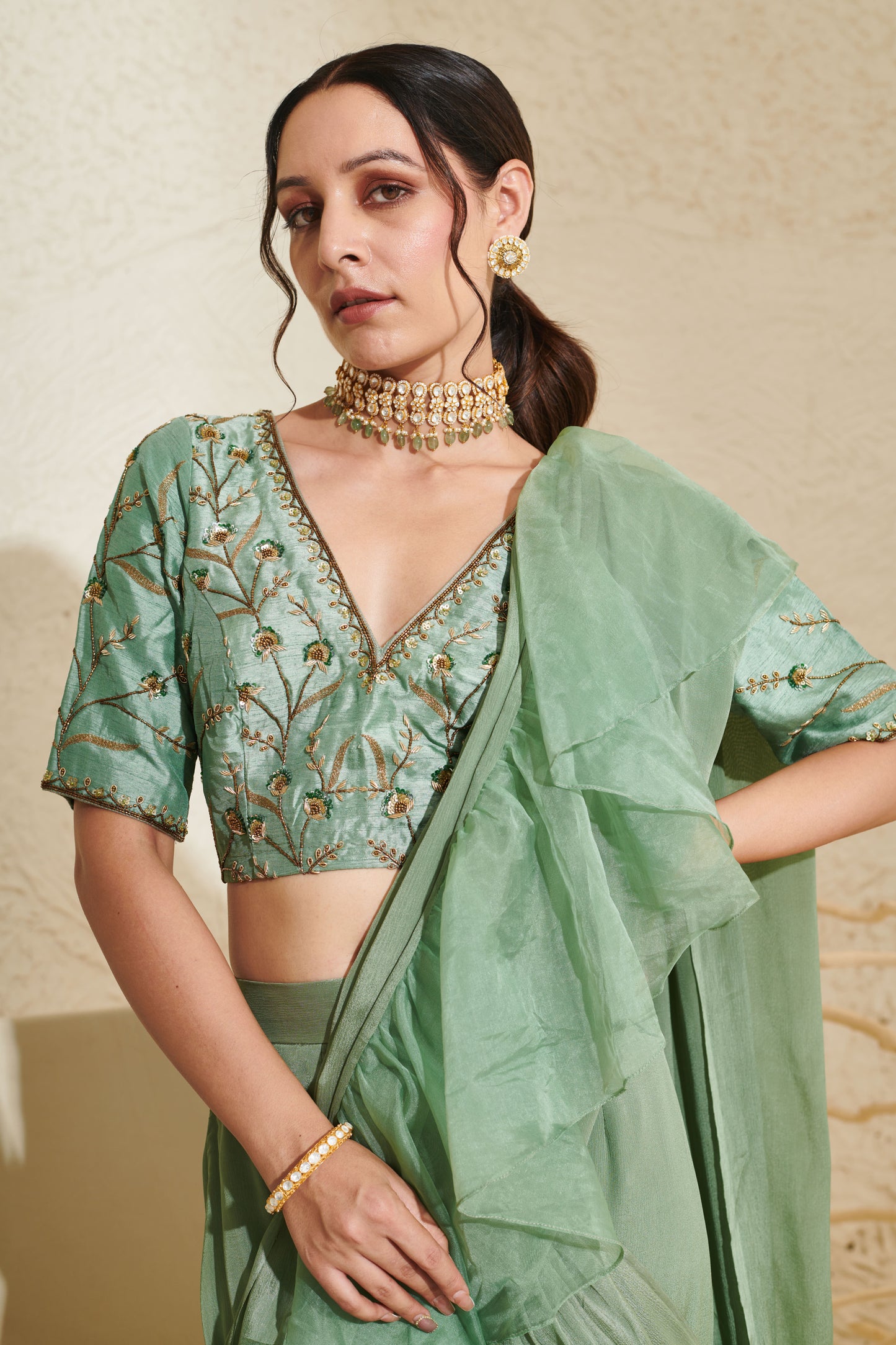 Layla Sage Organza Ruffle Saree