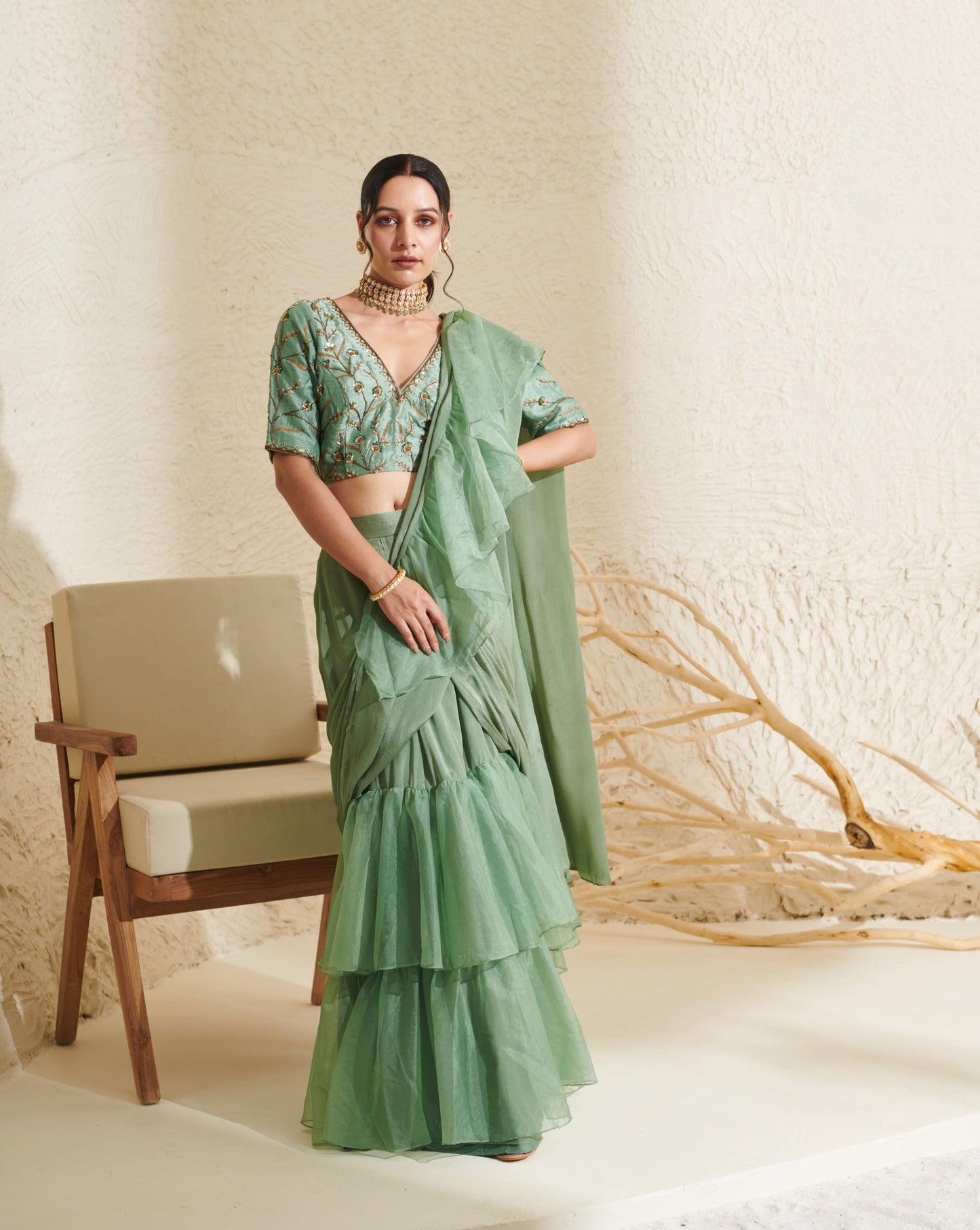 Layla Sage Organza Ruffle Saree