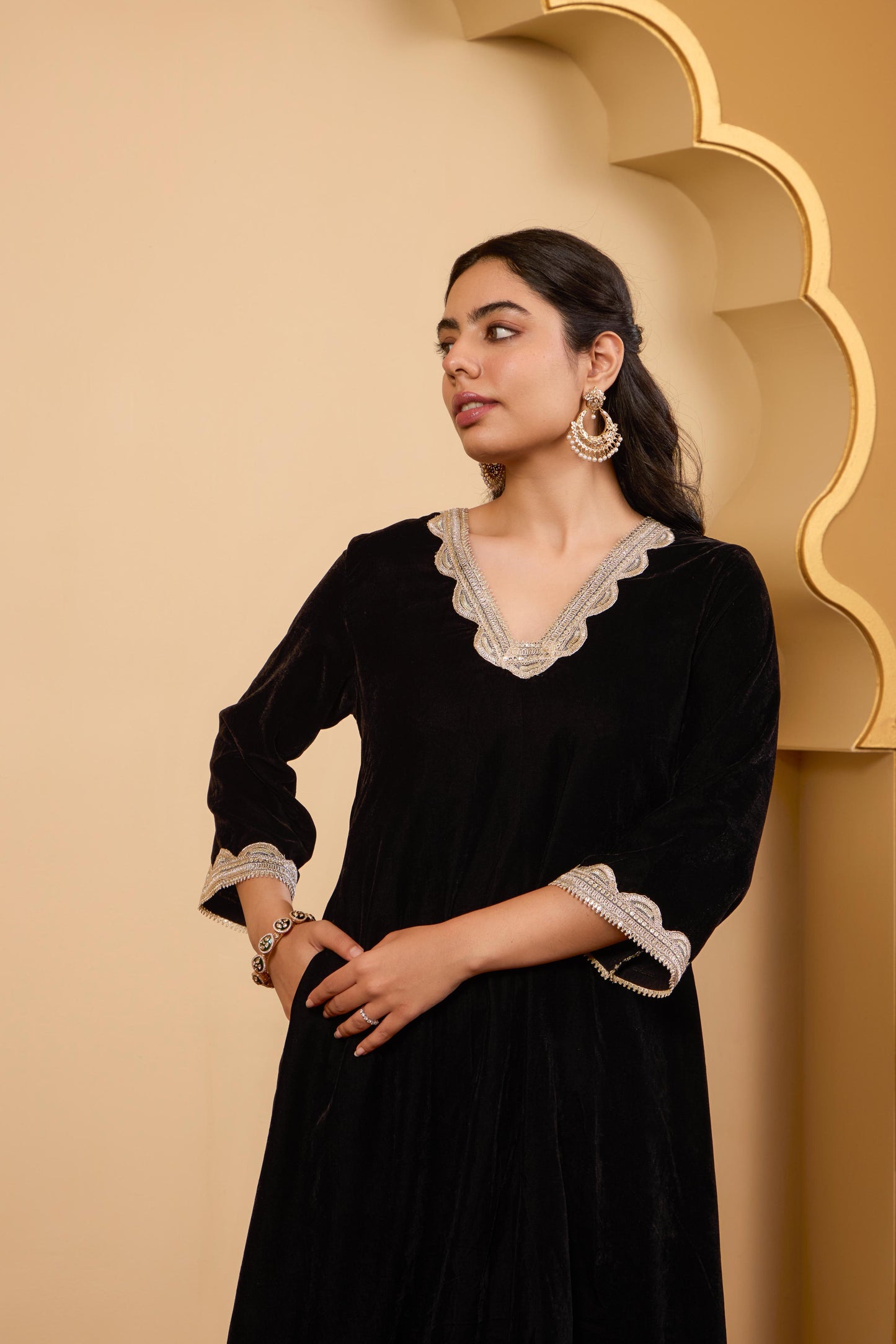 Black A-Line Velvet Kurta