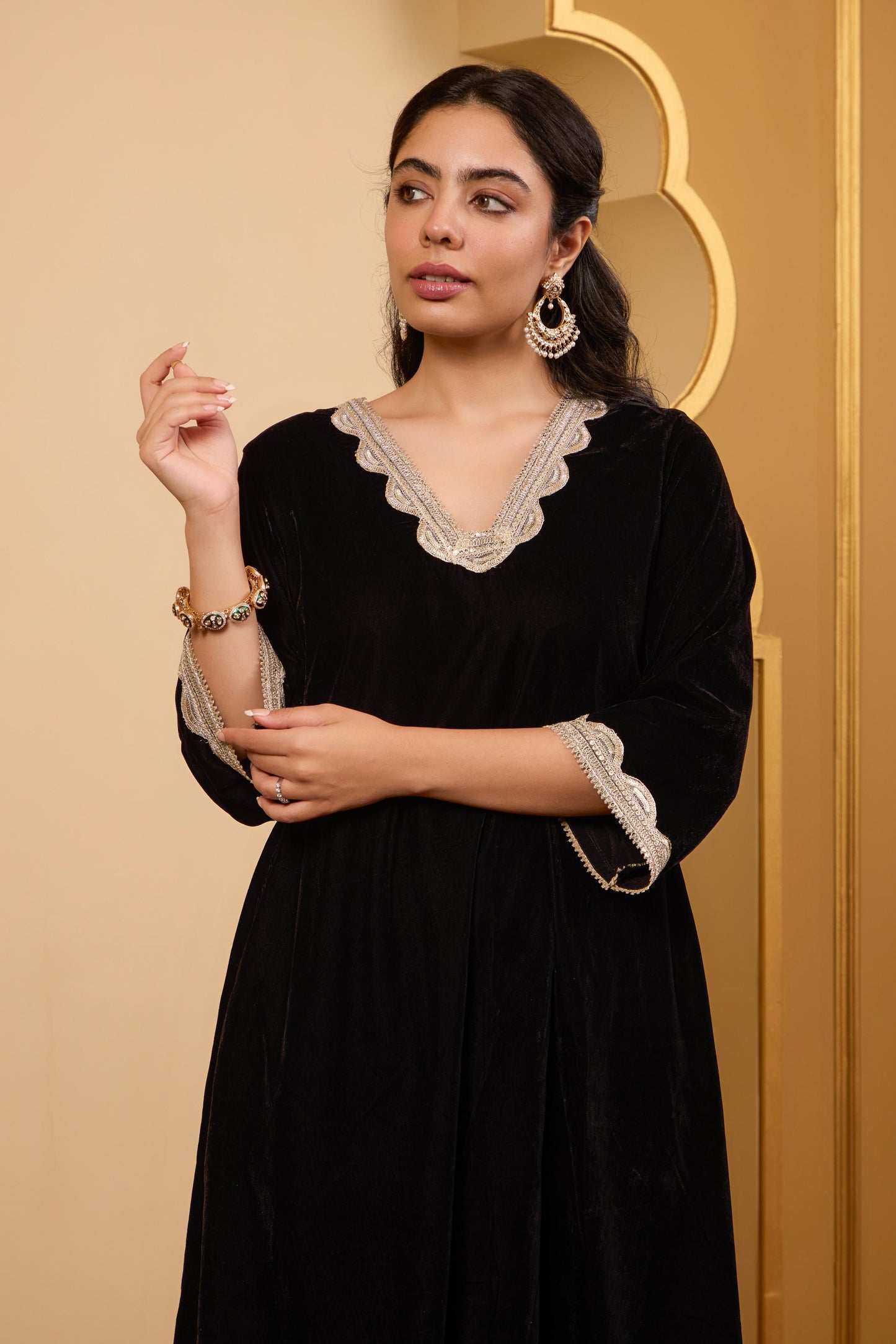 Black A-Line Velvet Kurta